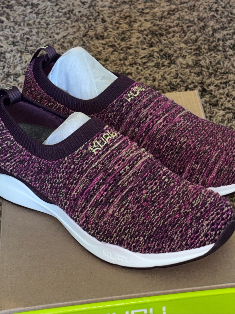Kuru Stride Women 8.5 Slip On Walking Shoes Berry Purple Gold Knit Sneakers NEW